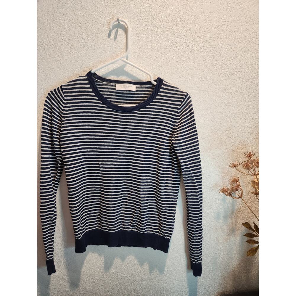 EUC Everlane‎ Navy White striped linen Long sleeve Crewneck sweater size XS